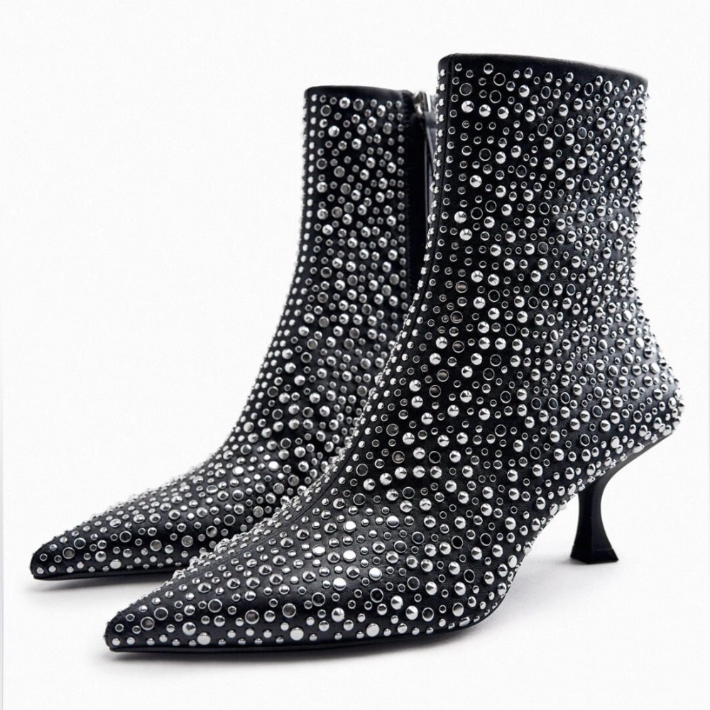 Zara Black Studded Heeled Ankle Boots - Size 8